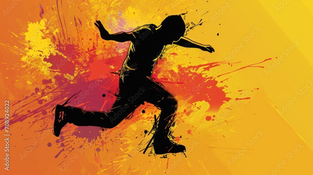 Poster a silhouette of a man running with paint splatters on the background of a bright yellow and orange b