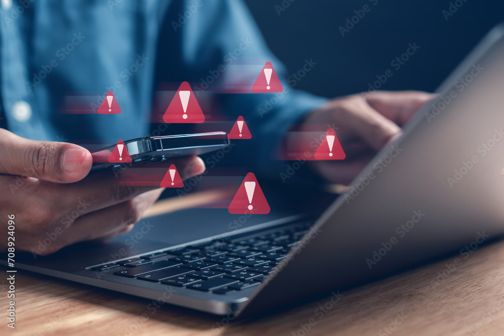 Fototapete System warning error popup and maintenance showing. cyber attack on online network error system. Cybersecurity vulnerability, data breach, illegal connection, compromised information...