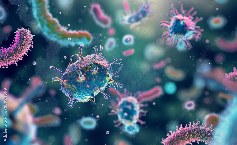 Poster abstract background with a macro shot of various microbes including virus cells and bacteria,