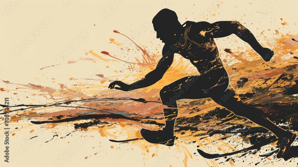 Poster a silhouette of a man running with a splash of paint on the background of the image of a man running