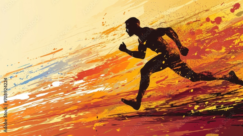 Poster a silhouette of a man running on a beach in front of an orange, yellow, and red background with a sp