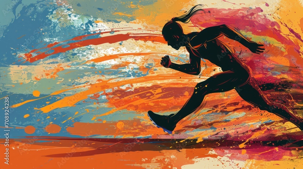 Aufkleber a painting of a person running on a colorful background with a splash of paint in the foreground and