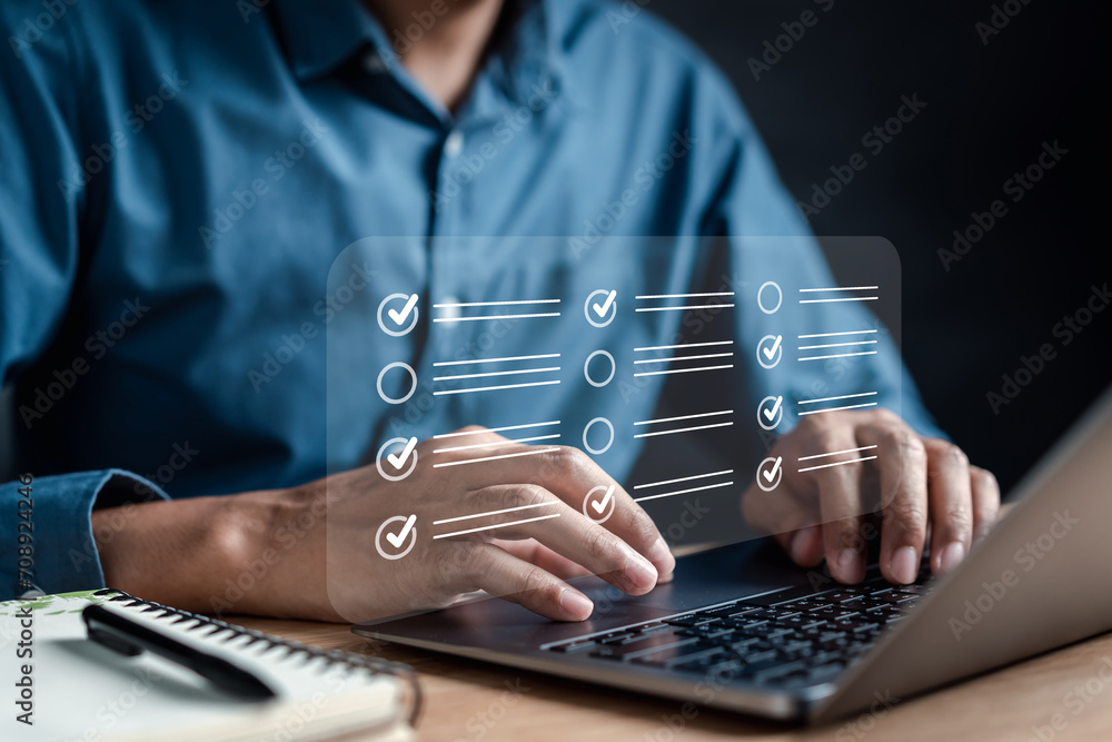 Poster Digital Guarantee Checkmark, business checking quality assurance QA or QC management, certification Standardization, certification. Compliance to regulations service and standards