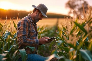 Naklejka na ściany i meble A modern farmer in a corn field using a digital tablet to review harvest and crop performance, ESG concept and application of technology in contemporary agriculture practices, Generative AI