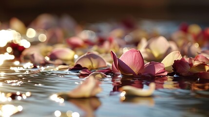  a group of pink flowers floating on top of a body of water next to a forest of green and yellow leaves on top of a lush green leaf covered hillside.
