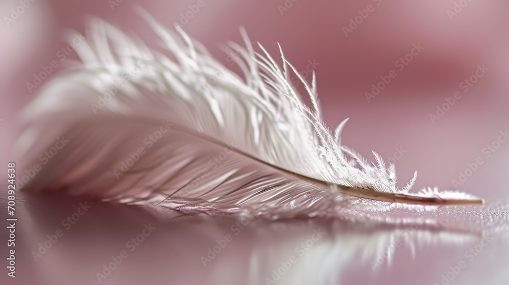 Poster a close up of a white feather on a pink and white background with a blurry image of a feather on the