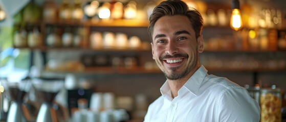 Small business coffee shop owner, the coffee shop is open during business hours in a simple, modern decorated shop.