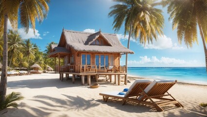 photo of a view of a wooden house on the beach with white sand and a beautiful blue sea made by AI generative - obrazy, fototapety, plakaty