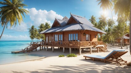 photo of a view of a wooden house on the beach with white sand and a beautiful blue sea made by AI generative