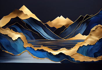 An abstract watercolor painting with blue and gold waves in the style of fantastic landscapes gold and azure.