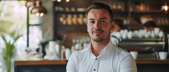 Obraz premium Small business coffee shop owner, the coffee shop is open during business hours in a simple, modern decorated shop.