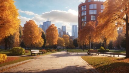 photo of city park landscape in autumn against the background of city buildings made by AI generative