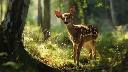  a small deer standing in the middle of a forest with tall grass and trees on both sides of it's face, looking at the camera, with a blurry background.