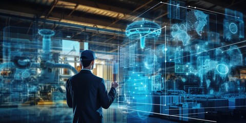 Futuristic technology trend concept of smart industry 4.0 engineer use artificial intelligence robotic automation machine in factory Connecting data network software to monitoring, operating process