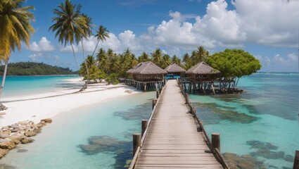 photo of a view of the pier and cottage on the beach with beautiful white sand made by AI generative