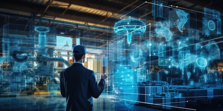 Futuristic technology trend concept of smart industry 4.0 engineer use artificial intelligence robotic automation machine in factory Connecting data network software to monitoring, operating process