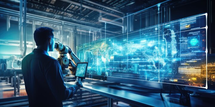 Futuristic technology trend concept of smart industry 4.0 engineer use artificial intelligence robotic automation machine in factory Connecting data network software to monitoring, operating process - Powered by Adobe