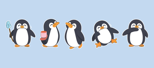 Obraz premium set of cute penguin flat vector stickers illustration