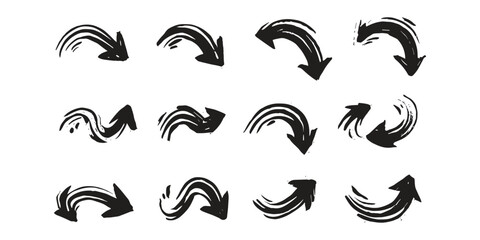 set of Various bold brush-drawn curved arrows illustration