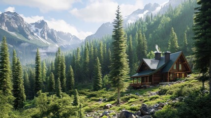  a painting of a cabin in the middle of a forest with mountains in the background and rocks in the foreground, and a stream running through the foreground.
