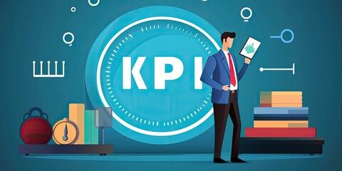 KPI concept. Key Performance Indicator using business intelligence metrics to measure achievement versus planned target. Touching on "KPI" abbreviation surrounded by business goals and process icons