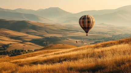  a hot air balloon flying in the sky over a field of brown grass and hills in the distance, with hills in the distance, and a valley in the foreground.