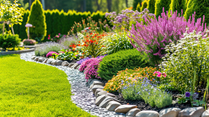 Landscape design with flower beds in home garden, beautiful landscaping in residential house backyard. Nature theme.