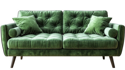 Green Cozy Sofa in Modern Design Isolated on Transparent or White Background, PNG