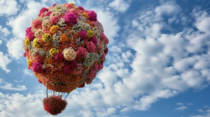  a balloon made out of flowers floating in the air with a blue sky with clouds in the back ground and a blue sky with white clouds in the back ground.