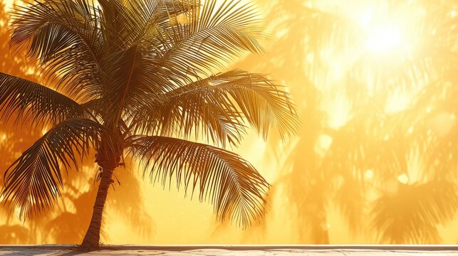 Golden background with palm tree. Generative AI.