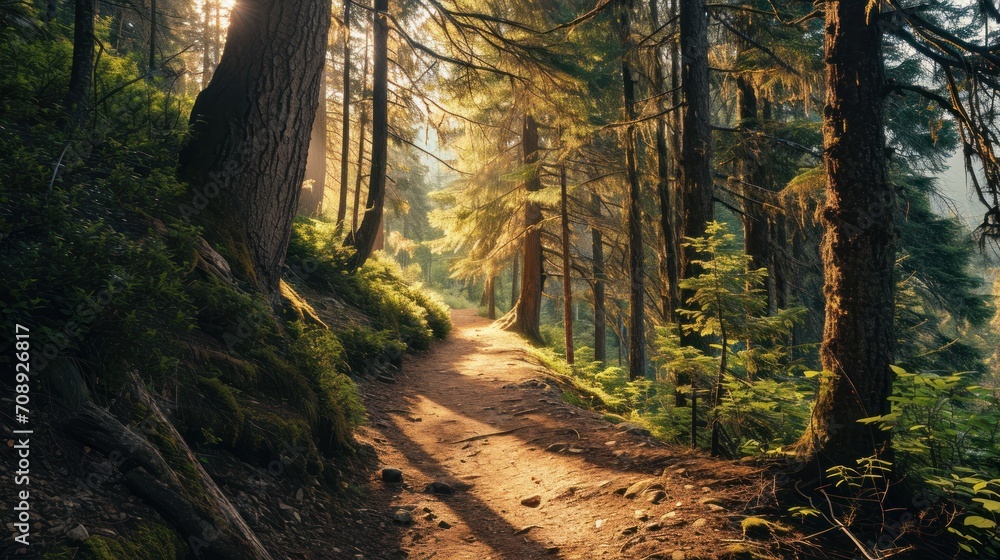 Poster a dirt path in the middle of a forest with lots of trees on both sides of the path and the sun shini
