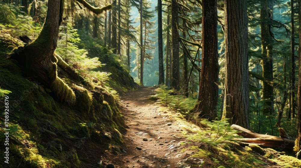 Poster a dirt path in the middle of a forest with lots of trees on both sides of the path and a path leadin