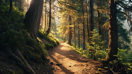 Obraz premium a dirt path in the middle of a forest with lots of trees on both sides of the path and the sun shining through the trees on the other side of the path.