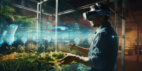 Smart farming ,agriculture concept, farmer use data augmented mixed virtual reality integrate artificial intelligence combine deep, machine learning, digital twin, 5G, industry 4.0 technology