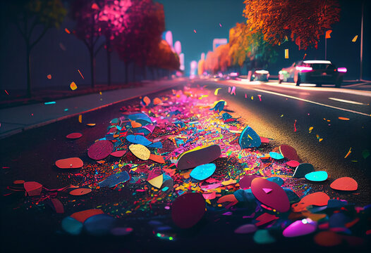 Confetti Falling Over A Street And Night Background Stock Photo, In The Style Of Vibrant Color Palette.