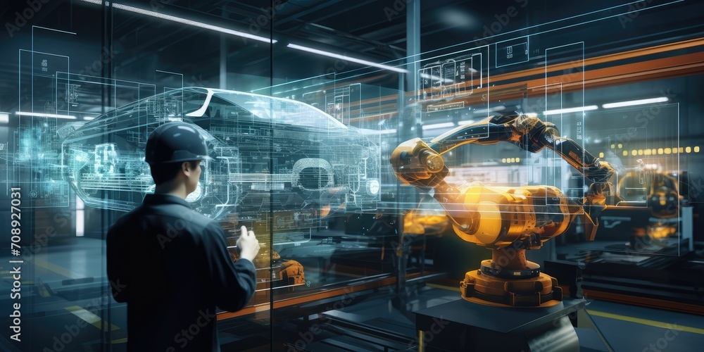 Poster smart industry 4.0 futuristic technology concept, engineer use artificial intelligence combine augme