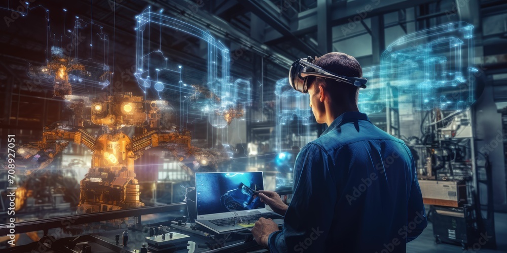Poster smart industry 4.0 futuristic technology concept, engineer use artificial intelligence combine augme