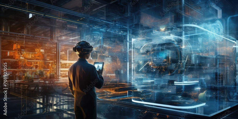 Poster smart industry 4.0 futuristic technology concept, engineer use artificial intelligence combine augme