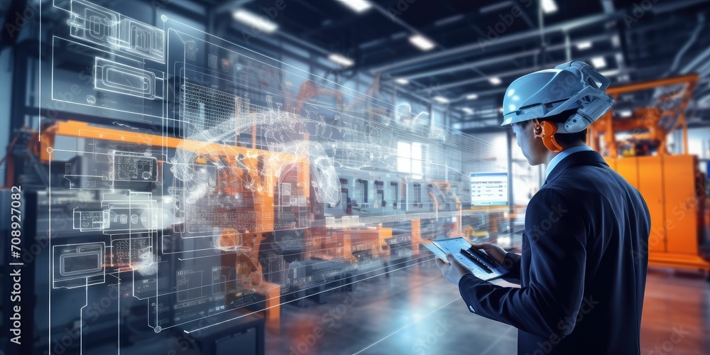 Poster smart industry 4.0 futuristic technology concept, engineer use artificial intelligence combine augme