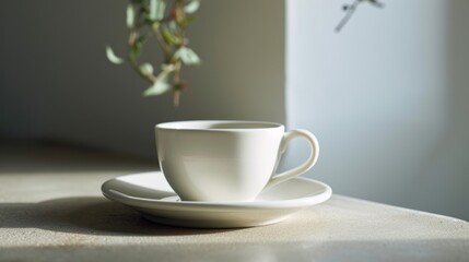  a white cup sitting on top of a saucer on top of a table next to a vase with a green plant in the middle of the cup and a white saucer.