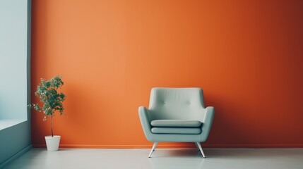 A designer modern chair displayed against a bold orange backdrop, highlighting contemporary interior style and color contrast.