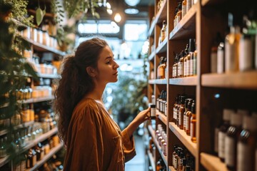 A candid image of a woman keenly browsing natural, eco-friendly cosmetic products in a store, reflecting a conscious, sustainable lifestyle, Generative AI - obrazy, fototapety, plakaty