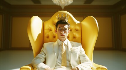 A young, man sits on a golden throne, wearing a crown, exuding a sense of power and authority in a luxurious setting.