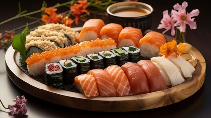 Fototapeta na wymiar Sushi Plate for E-Commerce Websites - Stunning Flat Layout. A plate of sushi, top view.