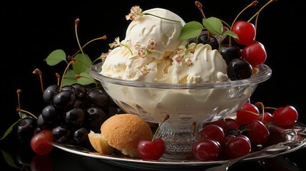 White chocolate ice cream with coconut and cherry toppings, in the style of thomas hart benton,