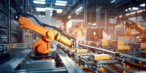 Using automation process to increase productivity. Industrial management in efficiency and efficient process with robotic process automation (RPA). 3D rendering AI robot in factory automation - obrazy, fototapety, plakaty