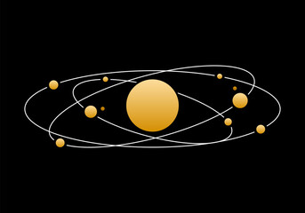 Golden yellow solar system planet stars science icon on black background vector design