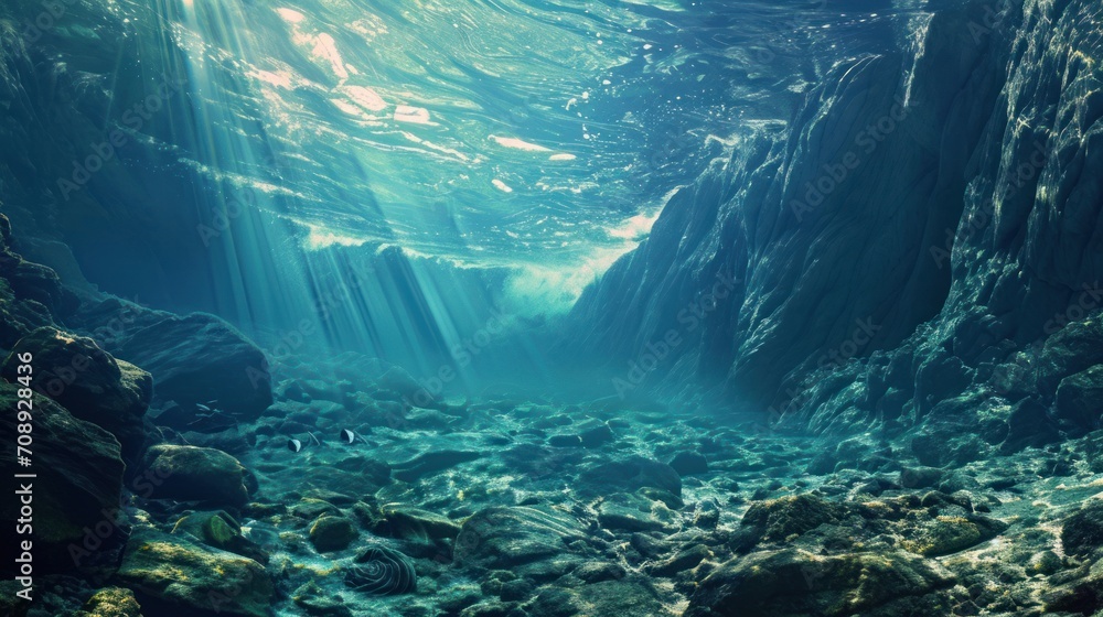 Poster an underwater view of rocks and water with sunlight coming from the top of the rocks and the bottom 