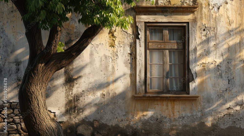 Poster a tree casts a shadow on the wall of an old building with a window and a curtain on the outside of t
