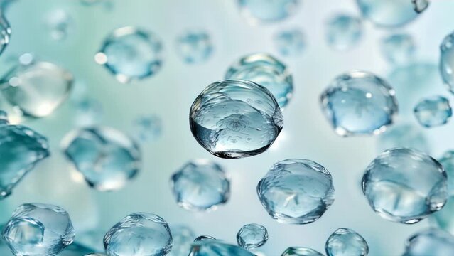 transparent droplets hovering as if in zero gravity, with a play of light and shadow visible.